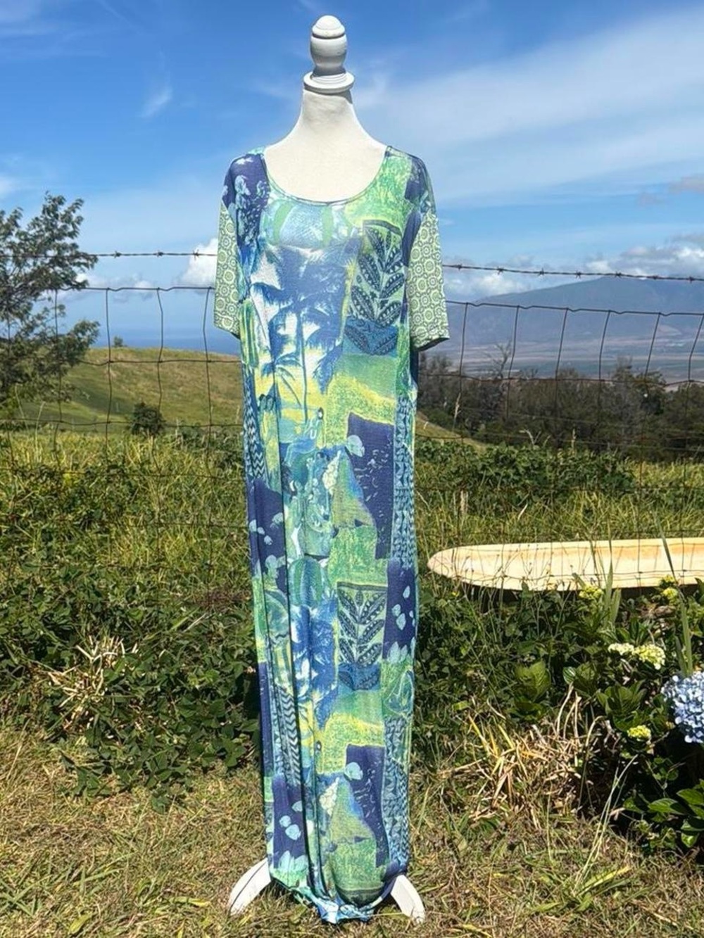Vintage 90s Y2K CITe Blue Green Hawaiian hula Fish Print Short Sleeve Maxi Dress